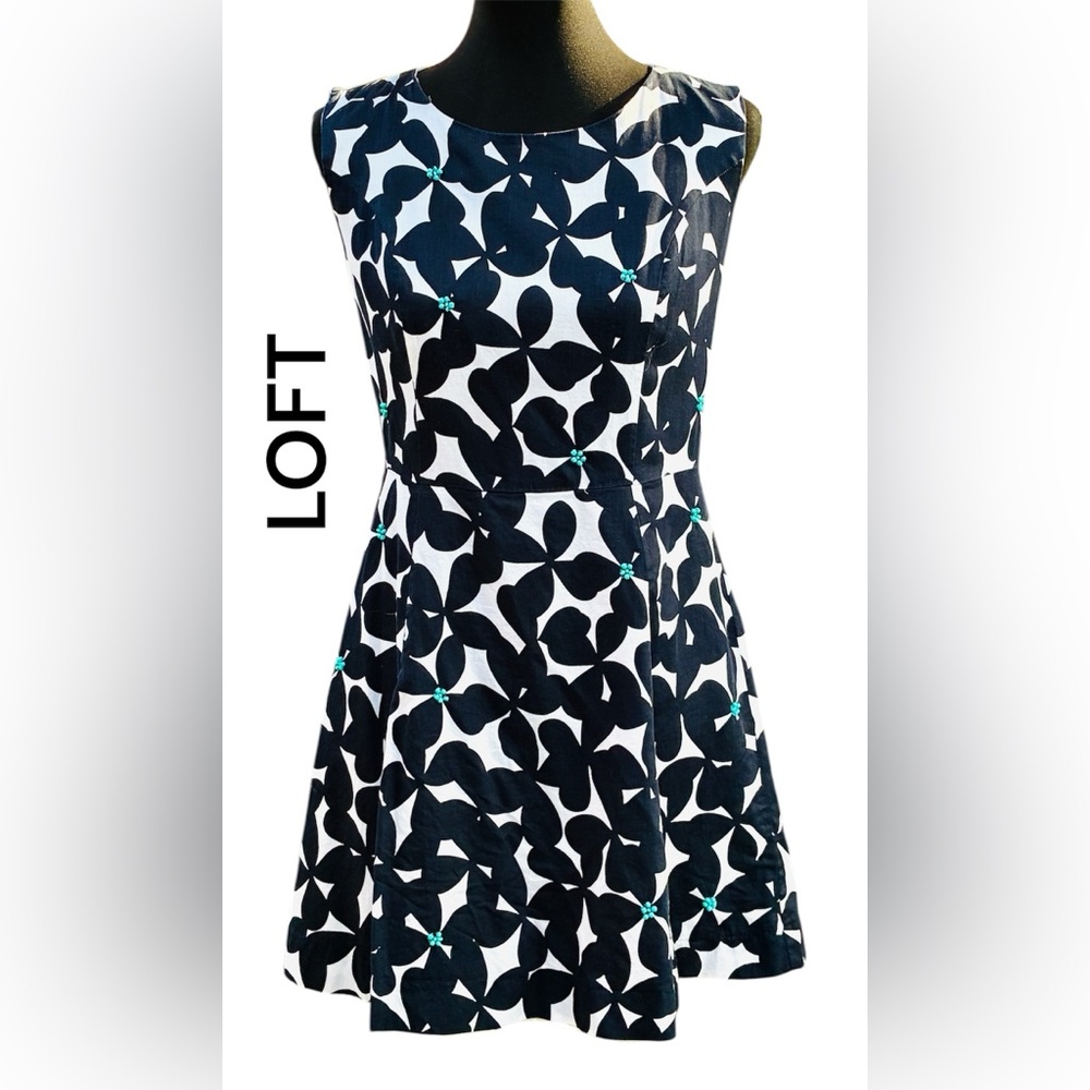 LOFT SZ 4 Navy Blue Floral Fit & Flare Dress with Teal Accents